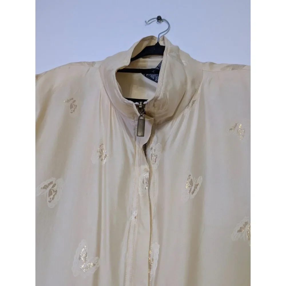 Vintage 90s Silk Butterfly Tracksuit Set Champagne Boho Luxe Size L Pale Yellow - Picture 13 of 15